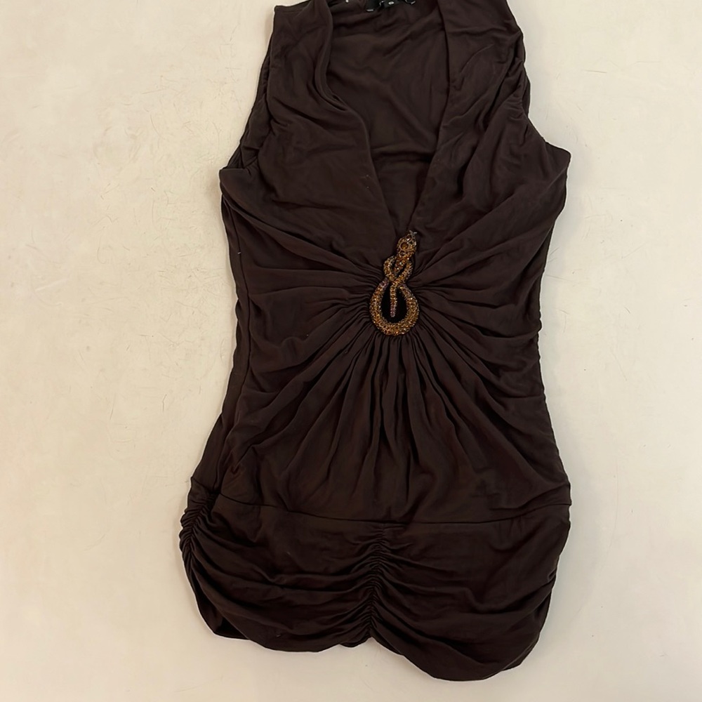 Gathered and ruched brown top with rhinestone snake detail